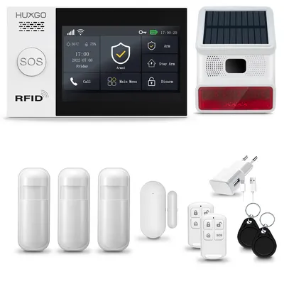 Immagine prodotto di HUXGO HXA007 Sistema di allarme casa WiFi + GSM 2G con sirena wireless, sistema di allarme con 3x sensore di movimento e 1x sensore porta-finestra, sistema di allarme per appartamento, casa, garage, Tuya Smartlife App