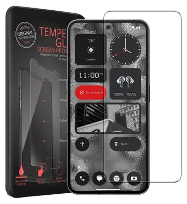 A product shot of a phone screen protector packaging and a phone with a screen protector applied.