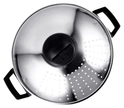 Produktbild von Edelstahl-Nudeltopf mit Siebdeckel, Schnellkochtopf zum Kochen und Abgießen, robuster induktionsgeeigneter Kochtopf mit sicherem Verschluss und praktischem Griff