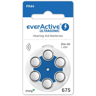 Zdjęcie produktu dla everActive 675, 6 sztuk, baterie do aparatów słuchowych, wysokowydajne, baterie cynkowo-powietrzne, 1 blister, 4-letni okres trwałości, niebieskie, Ultrasonic PR44