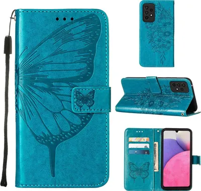 Produktbild von Galaxy A33 5G Hülle, Schmetterling Prägung Flip Leder Kartenfächer Schutzhülle Ledertasche mit Ständer für Samsung Galaxy A33 5G Blau