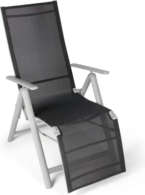 A black and gray reclining garden chair on a white background.