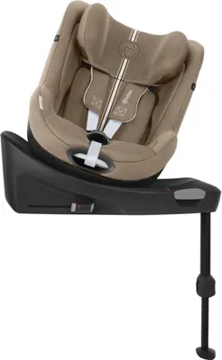 A beige car seat with a black base, shown at an angle.