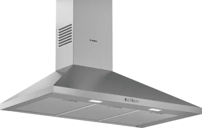 Produktbild von Dekorative dunstabzugshaube. 90 cm. Edelstahl. 3 geschwindigkeitsstufen. Abluft/umluft. Abluft. Normalbetrieb max. / intensivbetrieb: 626 m³/h. 69 db. Drucktasten. 2 x 1,5-w-leds. Bosch DWP96BC50