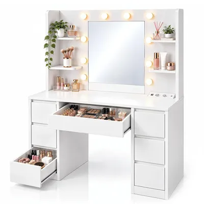 Produktbild von Juskys Schminktisch Malia mit LED, 7 Schubladen & großem Spiegel – Weiß