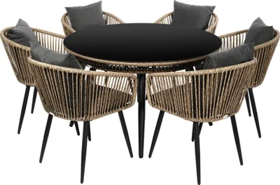 Produktbild von di volio Gartenmöbel-Set RIETI Beige/Grau, Garten Möbel aus Polyrattan und Stahl, Gartenmöbel für 6 Personen - Couchtisch & 6 Stühle