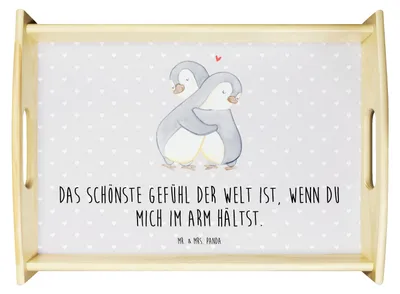 Produktbild von Mr. & Mrs. Panda essenstablett Pinguine Kuscheln - Grau Pastell - Geschenk, Dekotablett, Deko Tablett, Mitbringsel, holz serviertablett, Valentinstag, sofatablett