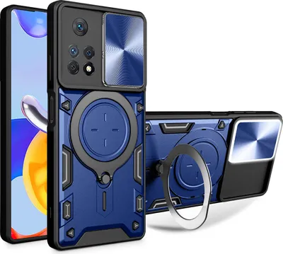Produktbild von Handyhülle für Xiaomi Redmi Note 11 Pro 5G/4G Dual-Layer Stoßfest Rüstung Hülle mit Dia Kameraschutz und Kreisförmig Ring Ständer Blau
