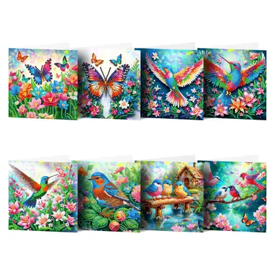 Produktbild von Diamond Painting Karten Set – 8 Schmetterlinge & Vögel Grußkarten | 15 x 15 cm | Kreativgeschenk für Erwachsene | DIY Bastelset
