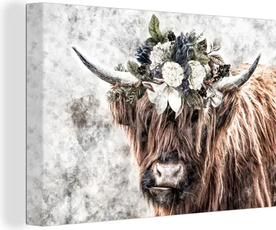 Produktbild von OneMillionCanvasses® - Leinwandbilder - 150x100 cm, Schottisches Hochlandrind - Rauch - Bouquet, Wandbilder Wohnzimmer Hochland Rind - Tier Wanddekoration - Hochland Rind - Kuh - Gemälde auf Holzrahmen