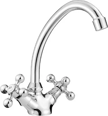 A close-up studio shot of a chrome kitchen faucet.
