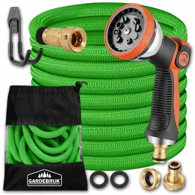 Produktbild von GARDEBRUK® Flexibler Gartenschlauch 30m 3fach Latexkern Vollmessing Adapter 1/2" 3/4" Zoll Wandhalterung Tasche Flexschlauch Wasserschlauch Grün