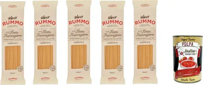 Produktbild von Rummo Linguine N° 13 Pasta Lenta Lavorazione Teigwaren aus Hartweizengrieß Bronze-Zeichnung 5x 500g + Italian Gourmet polpa 400g