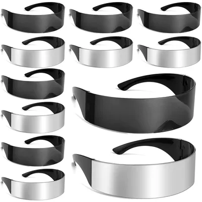 Produktbild von 12er Set Cyberpunk Sonnenbrillen futuristisch, 80er Jahre Retro Shield Brillen, schmale Rahmen, Party & Cosplay Kostüm Accessoire, für Festival & Rave