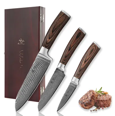 Productafbeelding van Wakoli Edib 3-delige damast messen set | Houten doos | 8 - 17 cm lemmet | Handvat van pakka hout