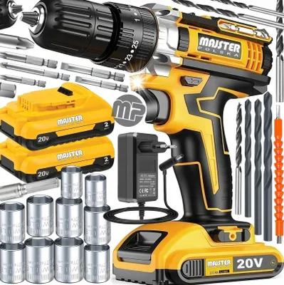 Zdjęcie produktu dla Wiertarko-wkrętarka udarowa 20 V, 2 akumulatory, 2 biegi, dioda LED, nasadki, wiertła, walizka