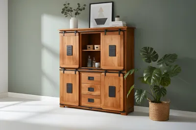 Produktbild von Highboard Vitrine Akazie massiv nussbaumfarben 150 x 45 x 160 cm LIBRO