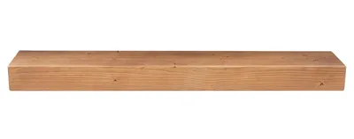 A wooden shelf against a white background.