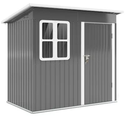 Image de Abri de jardin Outsunny en acier de 2,55 m² avec toit en appentis, remise à outils avec porte et fenêtre verrouillables, garage à vélos, 221 x 133 x 190/173 cm, gris foncé