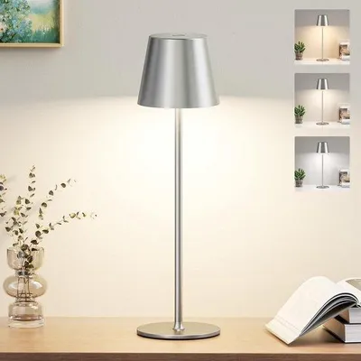 Productafbeelding van Dimbare Draadloze Tafellamp met 3 Kleuren, Oplaadbare LED Bedlamp voor Slaapkamer, Woonkamer, Camping, Tuin, Buiten Cafe - Grijs