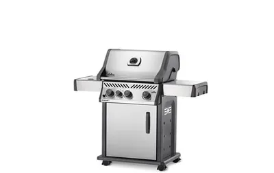 A stainless steel gas grill with side shelves and a cabinet base, shown on a white background.