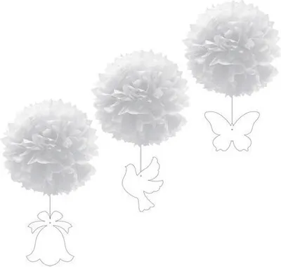 Produktbild von 6x Pompons mit Figuren aus Papier schwer entflammbar weiß Ø30cm