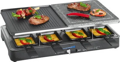 Produktbild von Raclette mit heißem Stein & Wendegussplatte | Raclette Grill mit Naturgrillstein | Raclette 8 Personen | inkl. 8 Pfännchen + Spartel | Raklettgerät