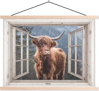 Produktbild von MuchoWow® Textilposter Schottisches Hochlandrind - Berg - Kuh - Aussicht 120x90 cm mit holzfarbenen Rahmen - Magnetisch