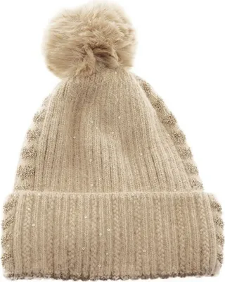 Produktbild von Strickmütze mit Perlen & Bommel für Damen OneSize – Stil und Wärme vereint Hellbraun