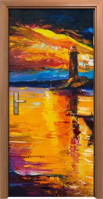 Produktbild von Türposter 90x200 cm Türaufkleber Türtapete Türfolie Klebefolie Meer Sonnenuntergang Boote Leuchtturm