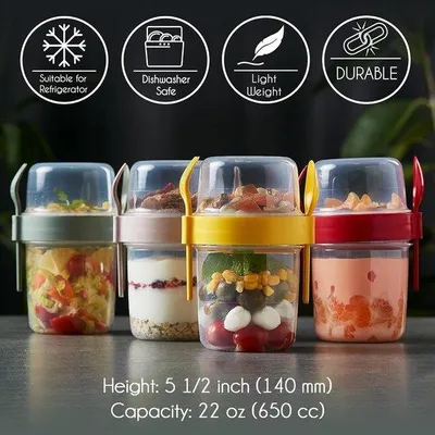 Produktbild von Unterwegsfrühstücksbeker mit Löffel und Gabel, 4-teilig, BPA-frei