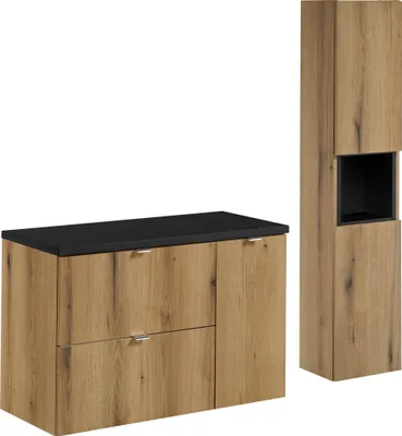 Image de Ensemble De Meubles De Salle De Bain 90 Cm En Chêne Naturel Avec Plateau Noir Et Colonne