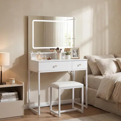 Image de Coiffeuse avec Miroir et Tabouret avec Éclairage LED et Prise 3 Couleurs de Lumière Réglables, 2 Tiroirs, Panneau en Bois Composite, 80×40×140cm
