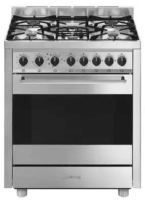 A front view of a stainless steel freestanding gas range with an electric oven.