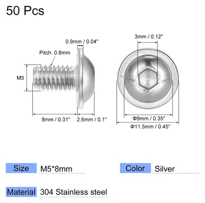 Produktbild von 50 Stš¹ck Flansch Rundkopfkantschrauben, M5*8mm Sechskant Antriebsschraube, 304 Edelstahl Verschluss Bolzen, Vollgewinde Maschinenschraube