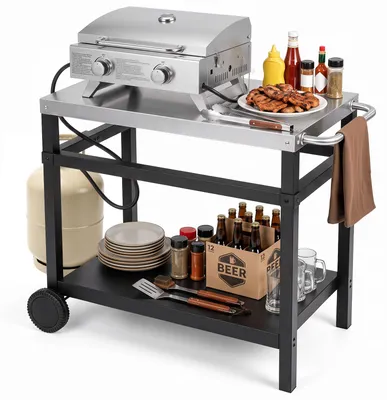 Produktbild von COSTWAY Grilltisch, Grillwagen mit Arbeitsplatte aus Edelstahl, Ablage, seitlichem Griff & Rollen, Servierwagen, Beistelltisch 90 x 59 x 81 cm