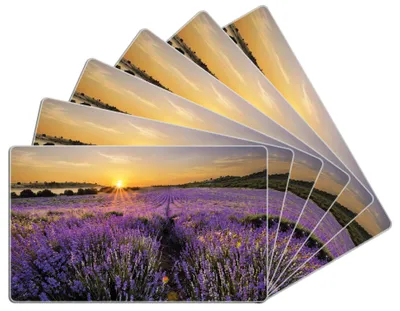 Produktbild von Wallario Frühstücksbrettchen 6er Set aus Glas, je 14 x 23 cm, mit rutschfesten Füßen, Motiv Sonnenuntergang über dem Lavendel