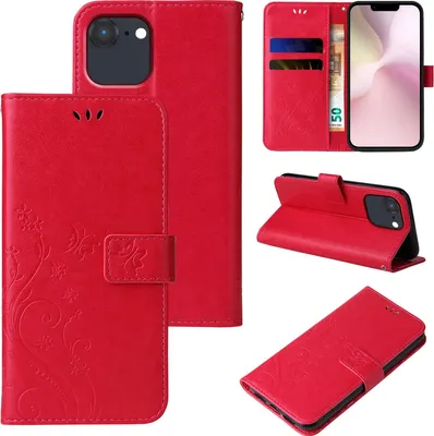 Produktbild von Handyhülle für Apple iPhone 16e Floral Blumen Schmetterling Flip Cover Hülle Case Klapphülle Handytasche Farbe: Rot