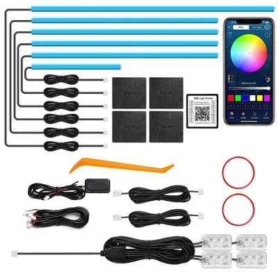 Zdjęcie produktu dla Oświetlenie wnętrza samochodu LED, akryl RGB 10-w-1, sterowanie za pomocą aplikacji i synchronizacja z muzyką, 612 diod LED, 175 cali, 12V