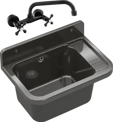 A black sink and faucet set against a white background.