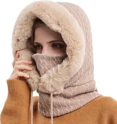 Produktbild von 3 in 1 Winter Damen Strickmütze Dicke Fleecefutter Warm Skimütze mit Schal Gesichtsmaske Outdoor Cycling Winterfeste Skimütze, Farbe:Beige