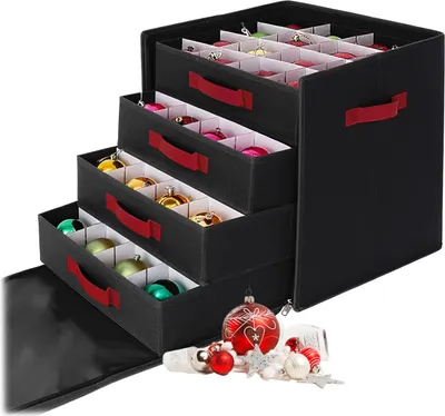 Produktbild von Relaxdays Weihnachtskugel Aufbewahrungsbox, 64 Kugeln, HxBxT: 40 x 36,5 x 36,5 cm, Polyester, Pappe, Kugelkiste, schwarz