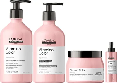 Zdjęcie produktu dla Szampon Loreal Vitamino Color 500 ml + odżywka Loreal Vitamino Color 500 ml + maska Loreal Vitamino Color 500 ml + Loreal Vitamino Color 10 w 1 190 ml NOWOŚĆ