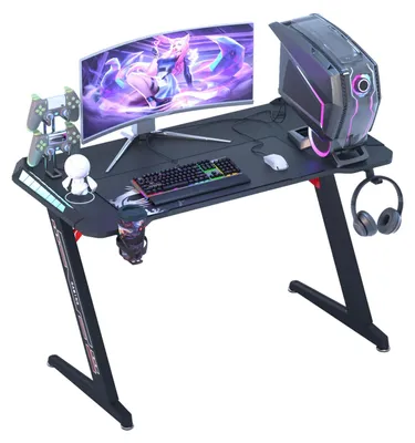 Image de Bureau d'ordinateur portable spacieux - Bureau debout rectangulaire - Forme en Z - Idéal pour les jeux et le télétravail - Bureau pour PC