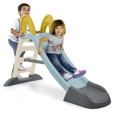 Productafbeelding van Glijbaan met water, blauw, geel, beige. Afmetingen: 161 x 71 x 103 cm. Antislip treden. Geschikt voor kinderen van 2-7 jaar. Maximaal gewicht: 30 kg