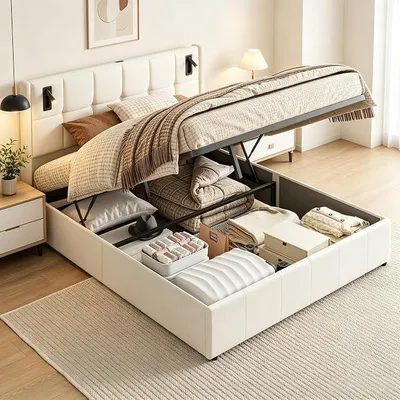 Productafbeelding van Bed 140x200, boxspringbed met bedopslag, gestoffeerd tweepersoonsbed, hoofdeinde met leeslamp en USB-oplaadfunctie, hydraulisch bed met opbergruimte, bedframe voor een jeugdslaapkamer, lattenbodem, fluweel, beige