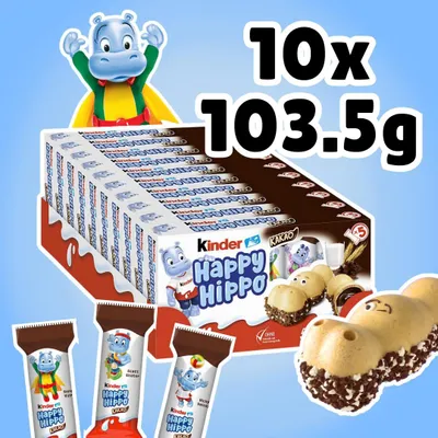 Produktbild von Kinder Happy Hippo Kakao – 10er Pack (10×103,5 g) Waffelsnack mit Haselnuss- und Kakao-Creme