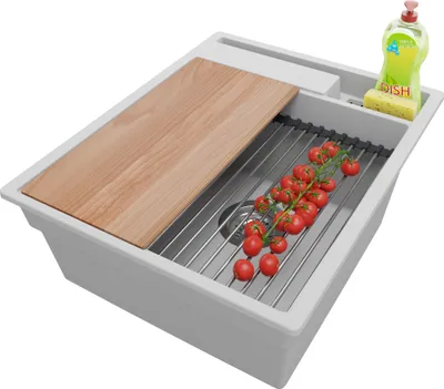 Produktbild von PRIMAGRAN Spülbecken Grau 43x53cm, Granitspüle 1 Becken + Ablauf-Set + Küchenzubehörset, Küchenspüle ab 45er Unterschrank - Oslo Pocket