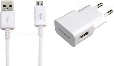 A white Samsung micro USB cable and a white Samsung USB wall charger are displayed against a white background.