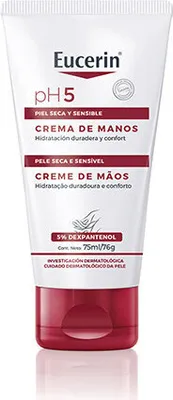 A white tube of Eucerin hand cream with red accents and text.